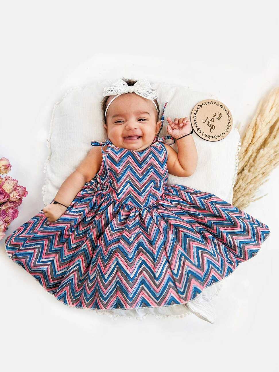 Blue Cotton Zigzag Baby Girl Dress with Tieup Strings - Halemons