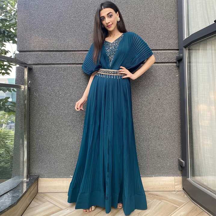 Blue Embellished Georgette Gown With Belt