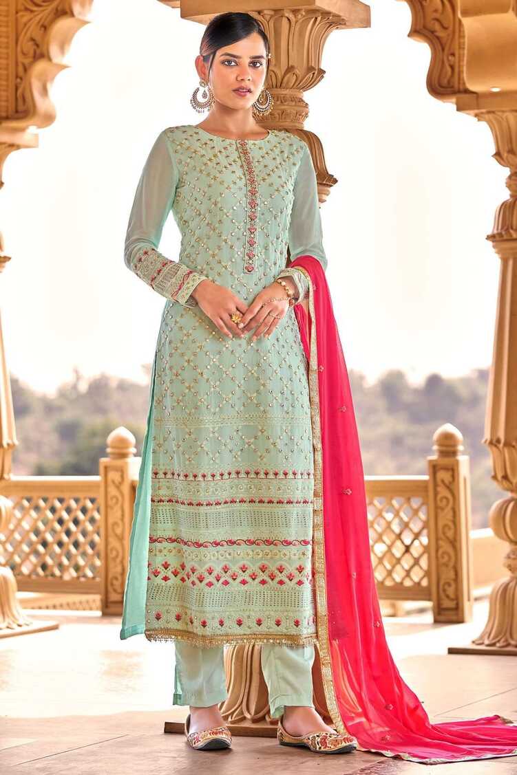 Blue Embroidered eid pakistani salwar kameez in Georgette,viscose ...