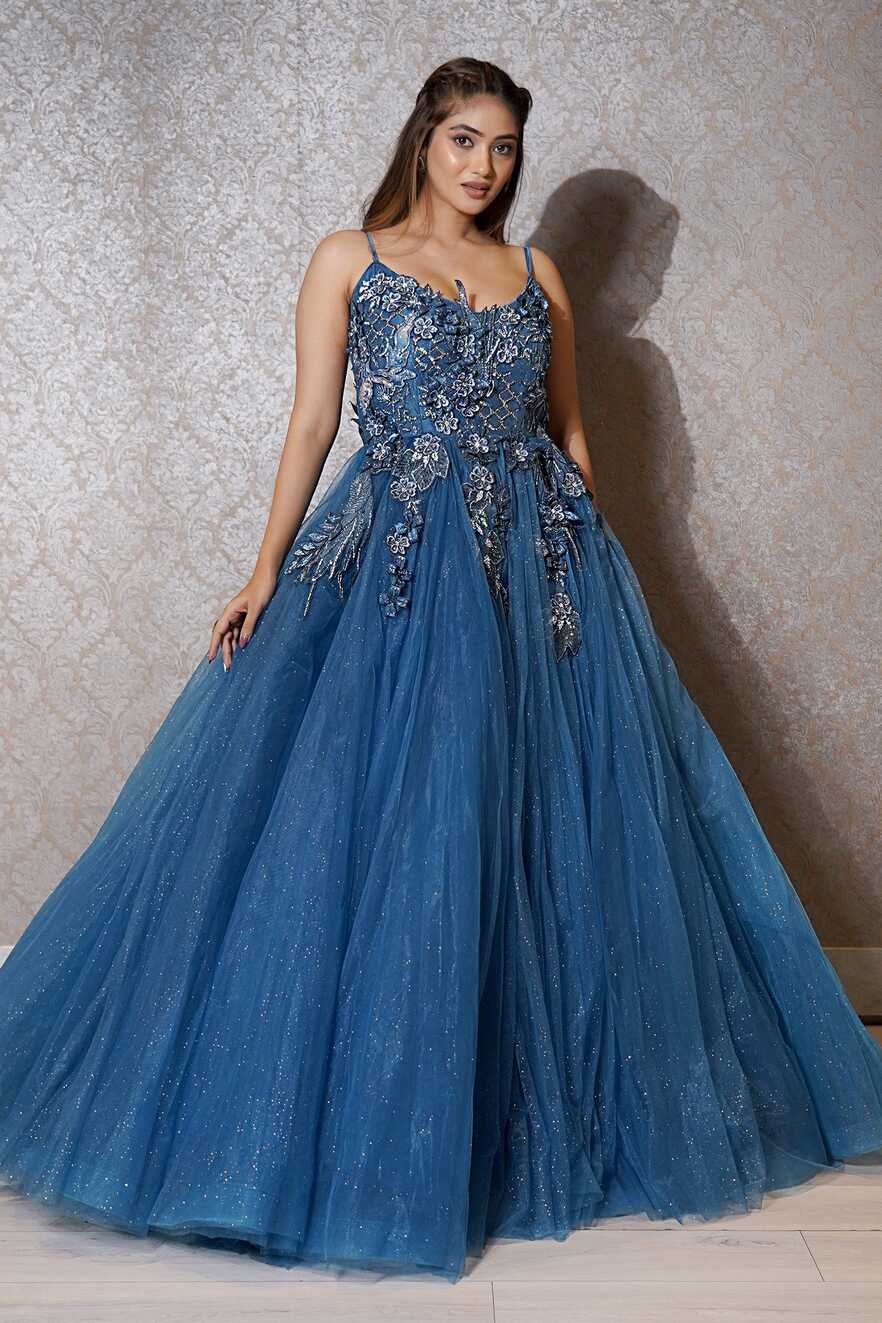 Blue Flared Designer Gown in Net with 3D Patch Work