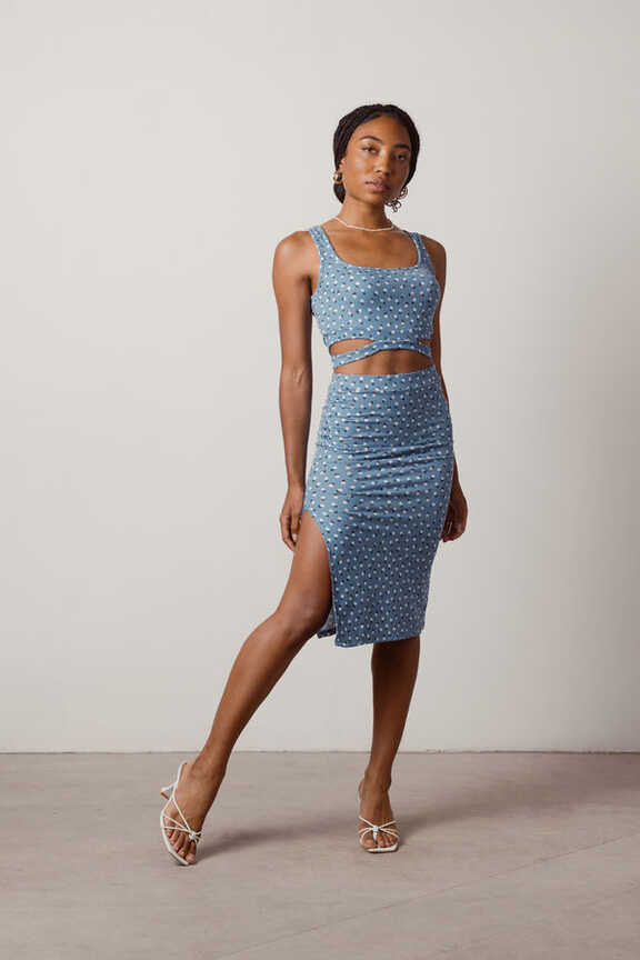 Blue Floral 2-Piece Set - Ribbed Crop Top - Blue Midi Skirt