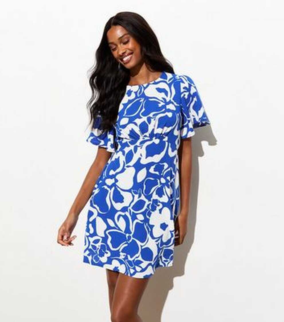 Blue Floral Flounce-Sleeve Mini Dress | New Look