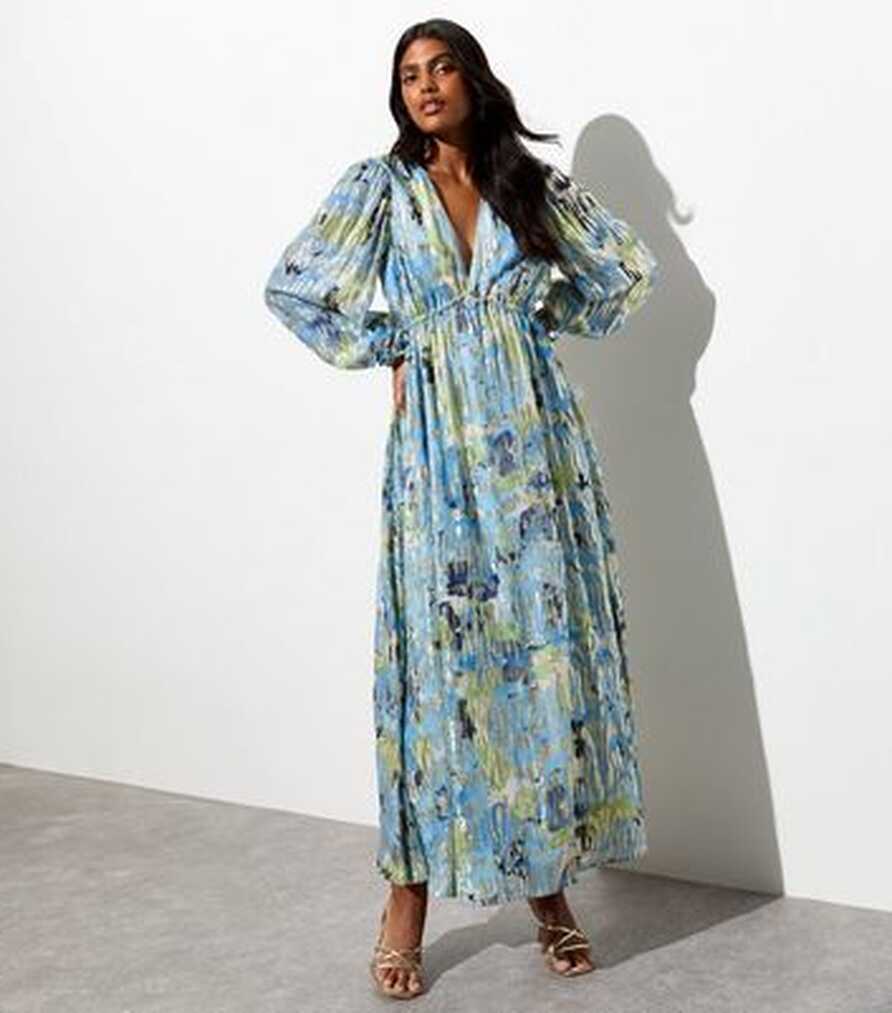 Blue Floral Foil V Neck Long Sleeve Maxi Dress | New Look