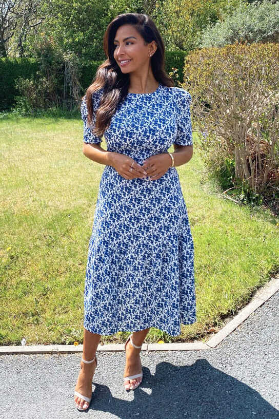 Blue Floral Frill Sleeve Midi Dress – AX Paris