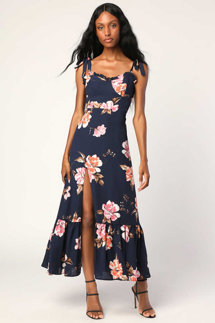 Blue Floral Print Dress - Tie-Strap Dress - Ruffled Maxi Dress - Lulus