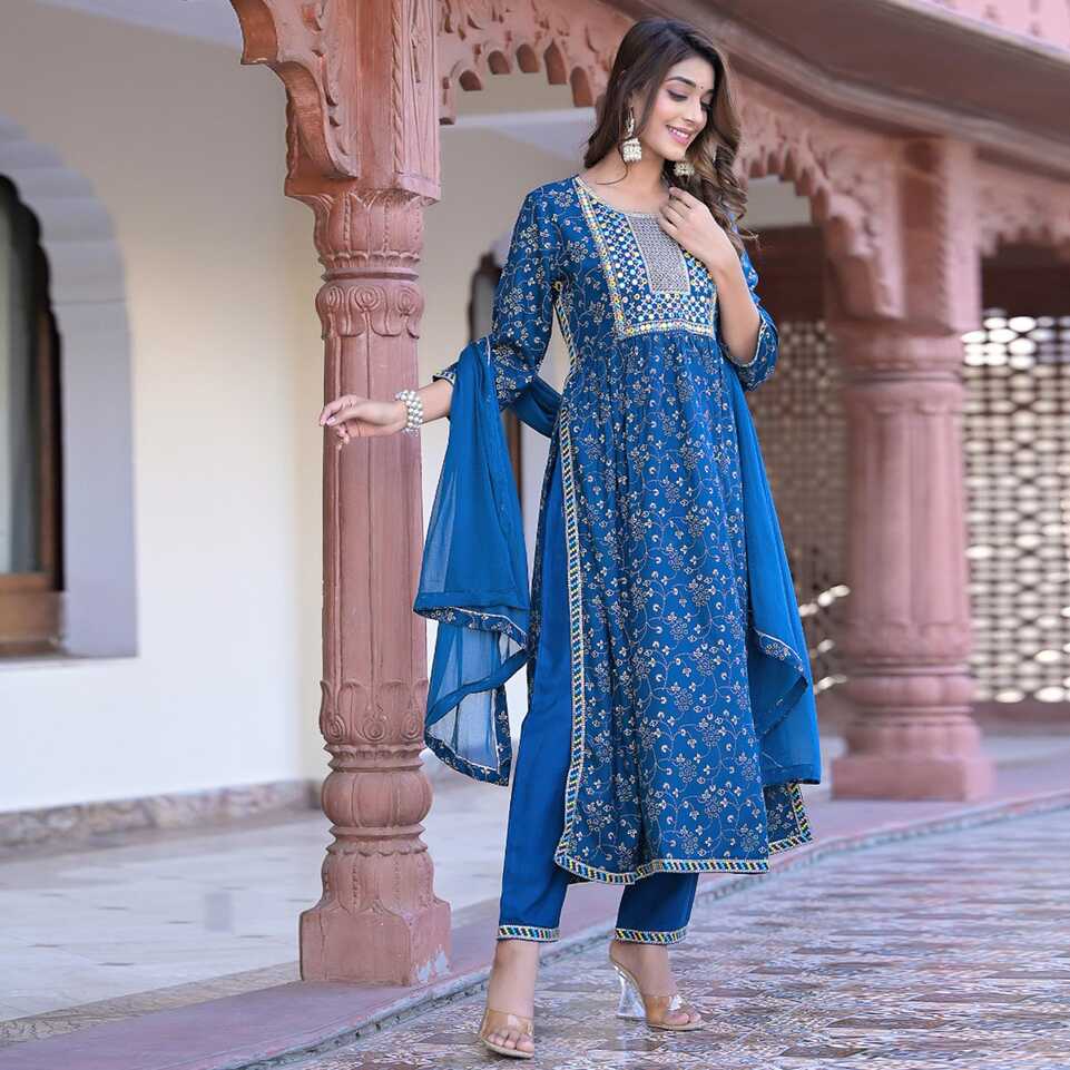 Blue Floral Printed Pure Cotton Naira Cut Suit