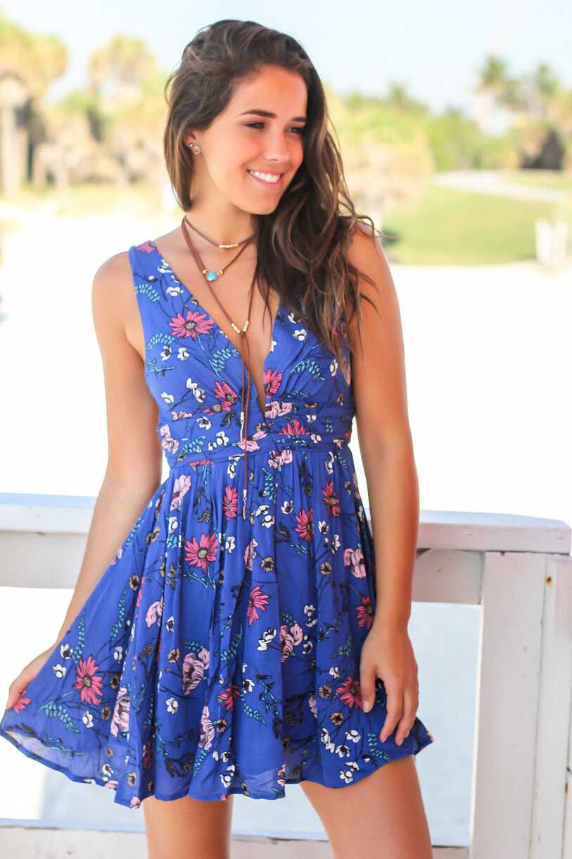 Blue Floral Short Dress with Crochet Detail | Short Dresses ...