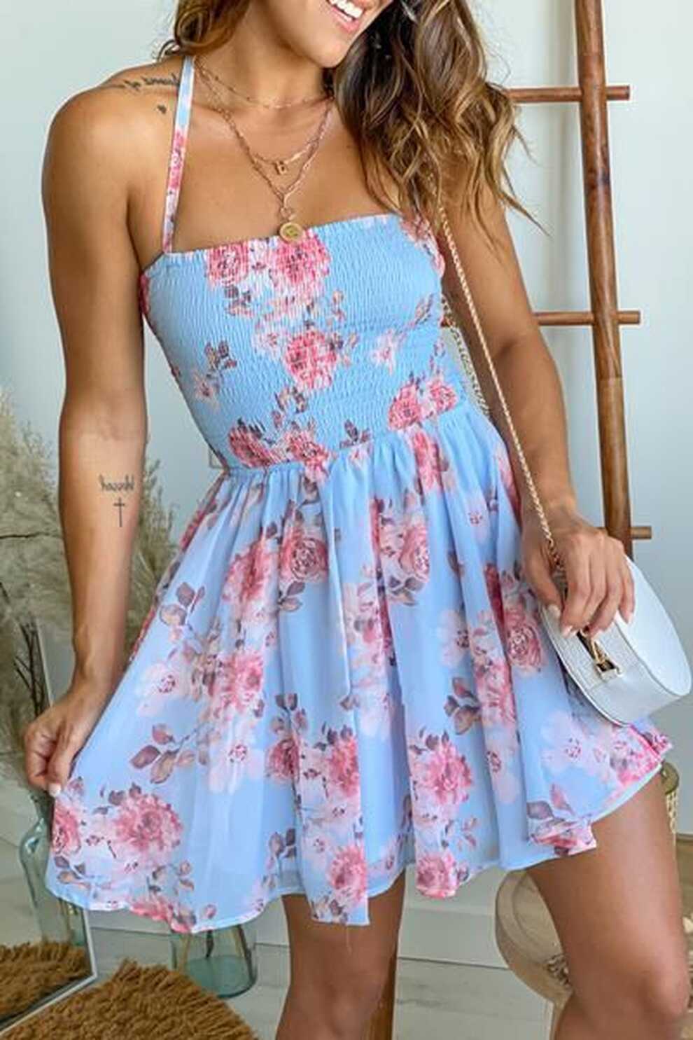 Blue Floral Smocked Top Short Dress