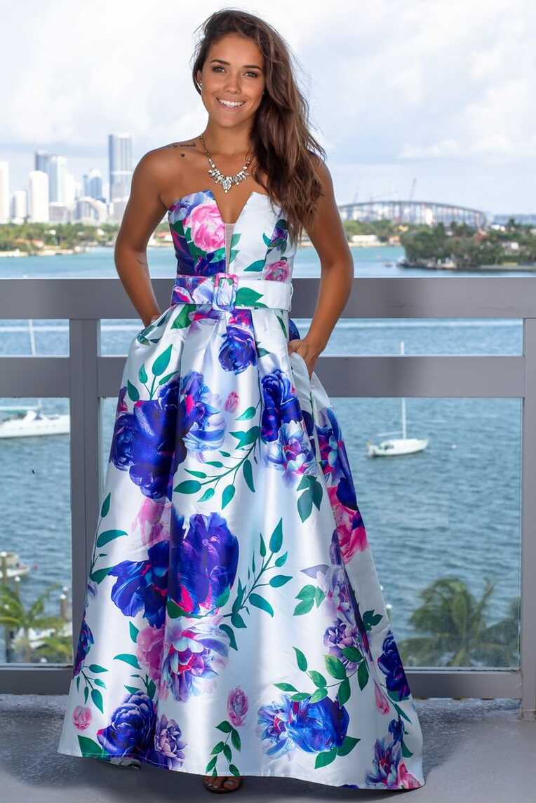 Blue Floral Strapless Maxi Dress with Belt