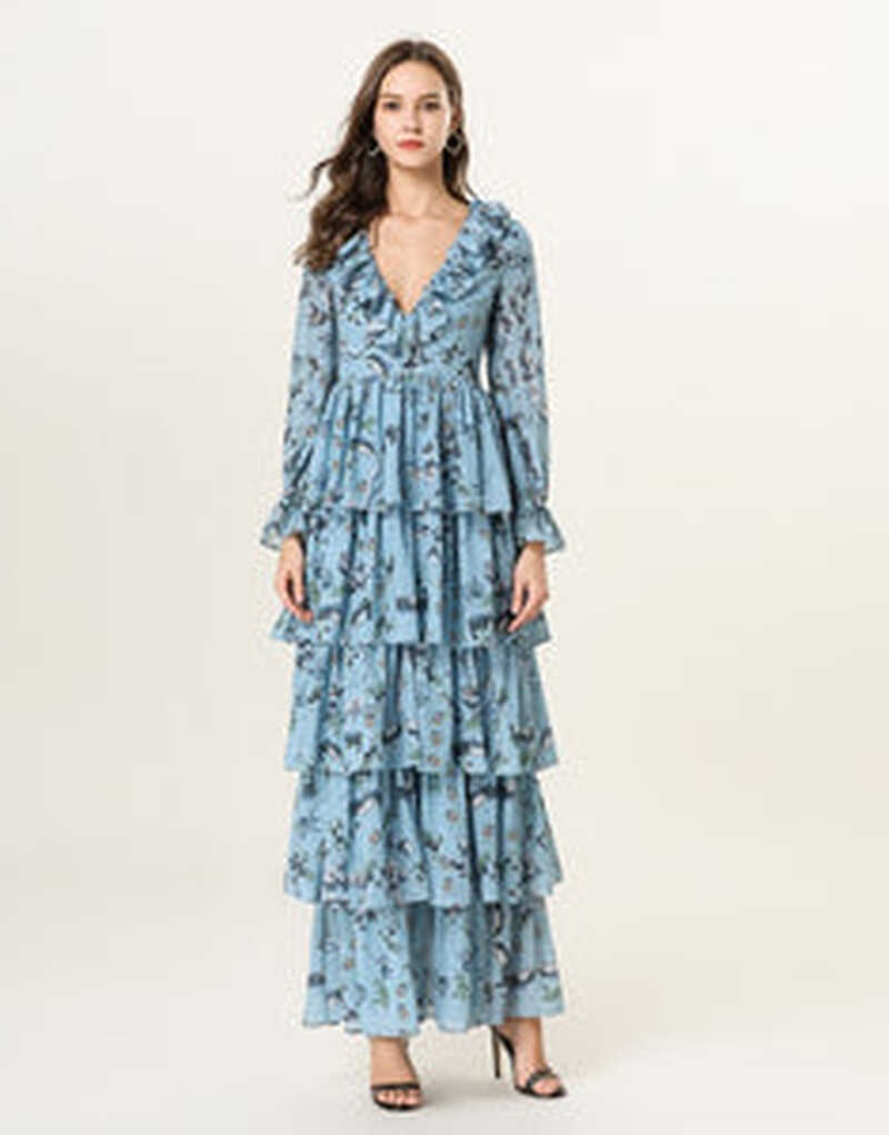 Blue Floral v neck long sleeved Tiered ruffle maxi dress – Comino ...