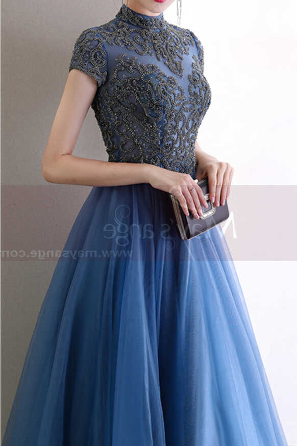 Blue Formal Dresses With Classy Top Lace And Short Sleeves