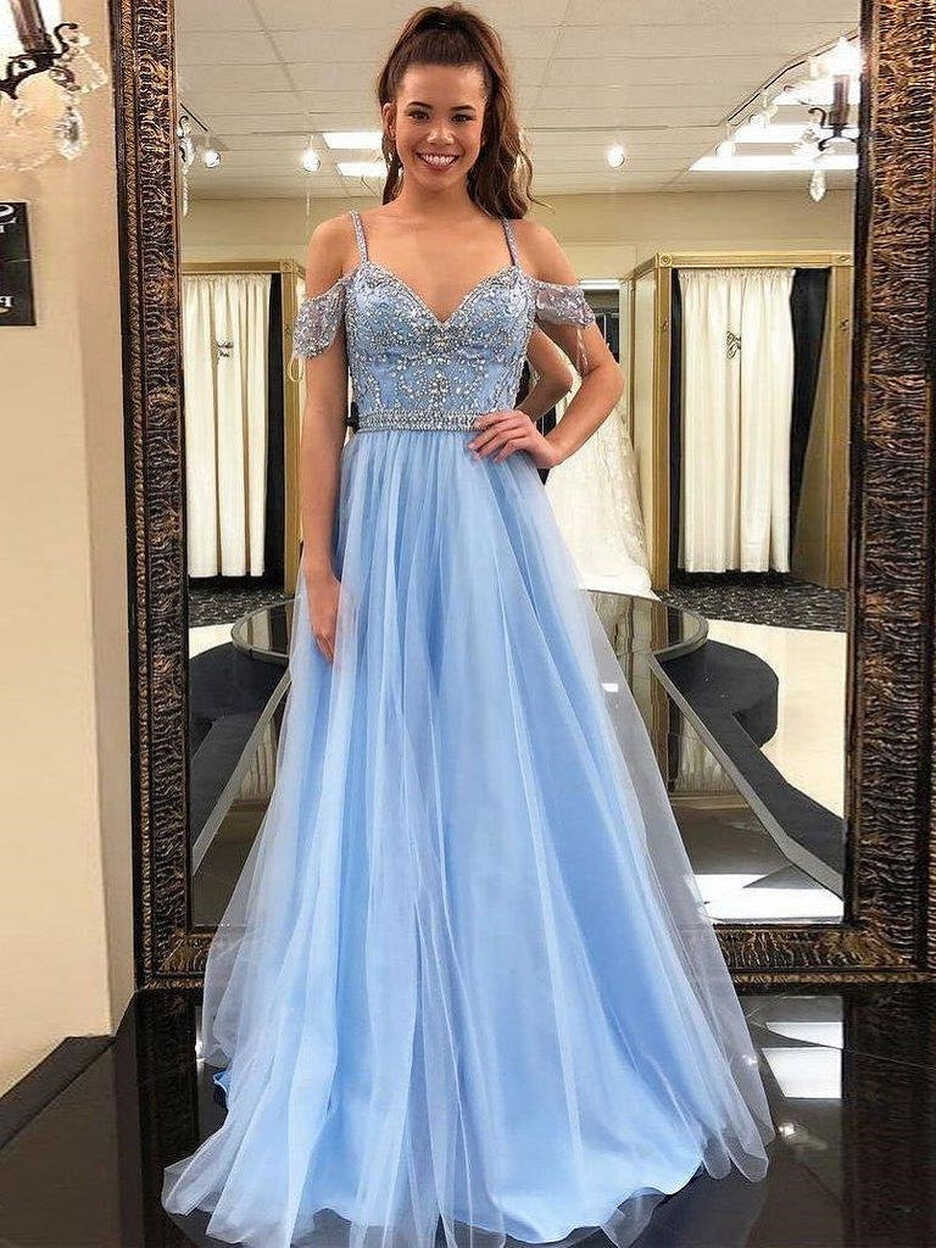 Blue Formal Sweet 16 Graduation Long Tulle Prom Dress with ...