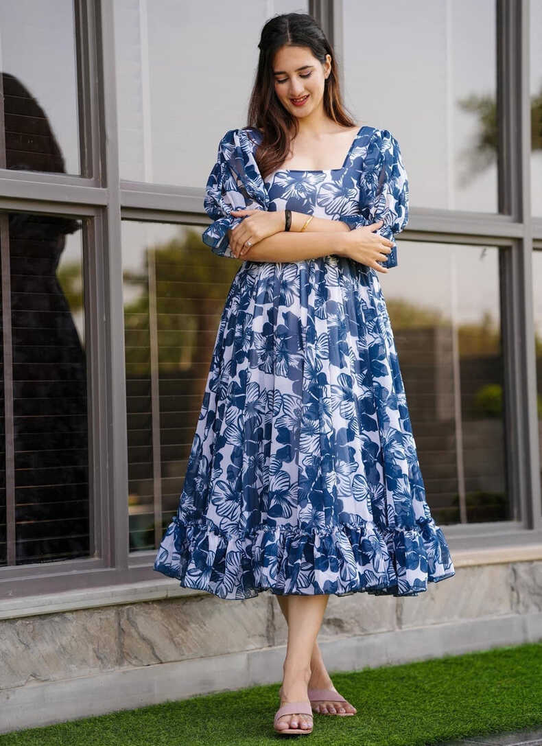 Blue Georgette Party Wear Floral Printed Gown – Rajyogam