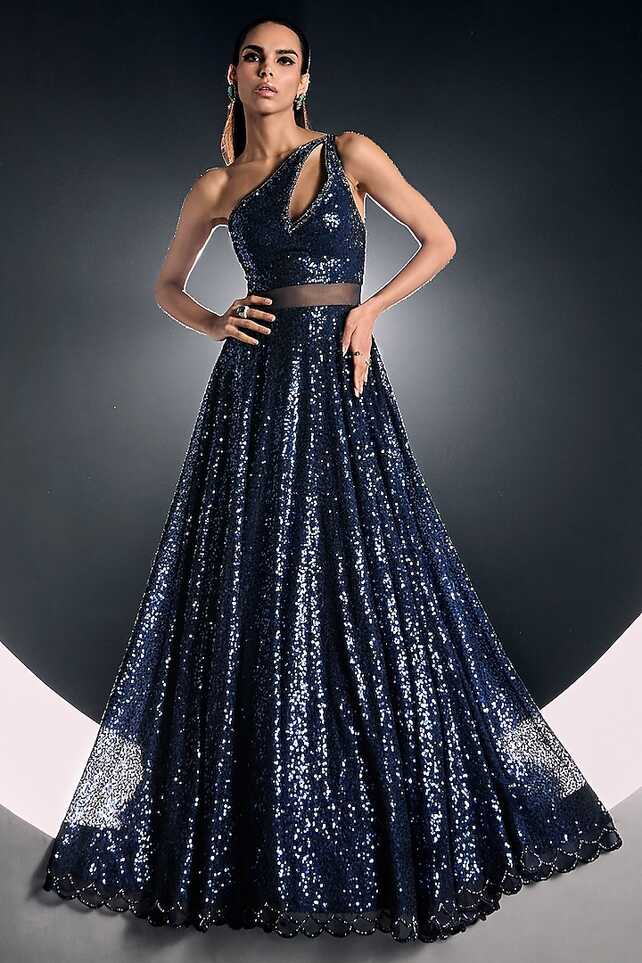 Blue Georgette Sequins One-Shoulder Gown Design by Sawan Gandhi at ...