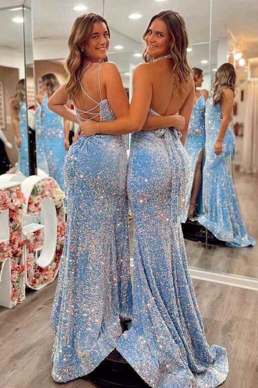 Blue Iridescent Sequin Mermaid Long Prom Dress – Dreamdressy