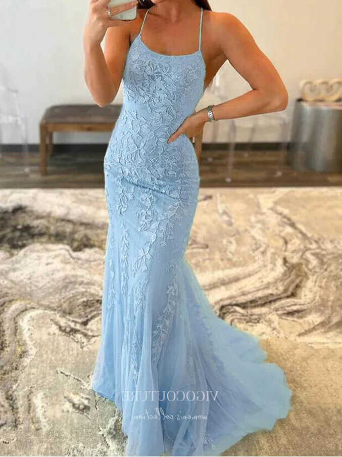 Blue Lace Applique Mermaid Prom Dresses Spaghetti Strap Evening ...