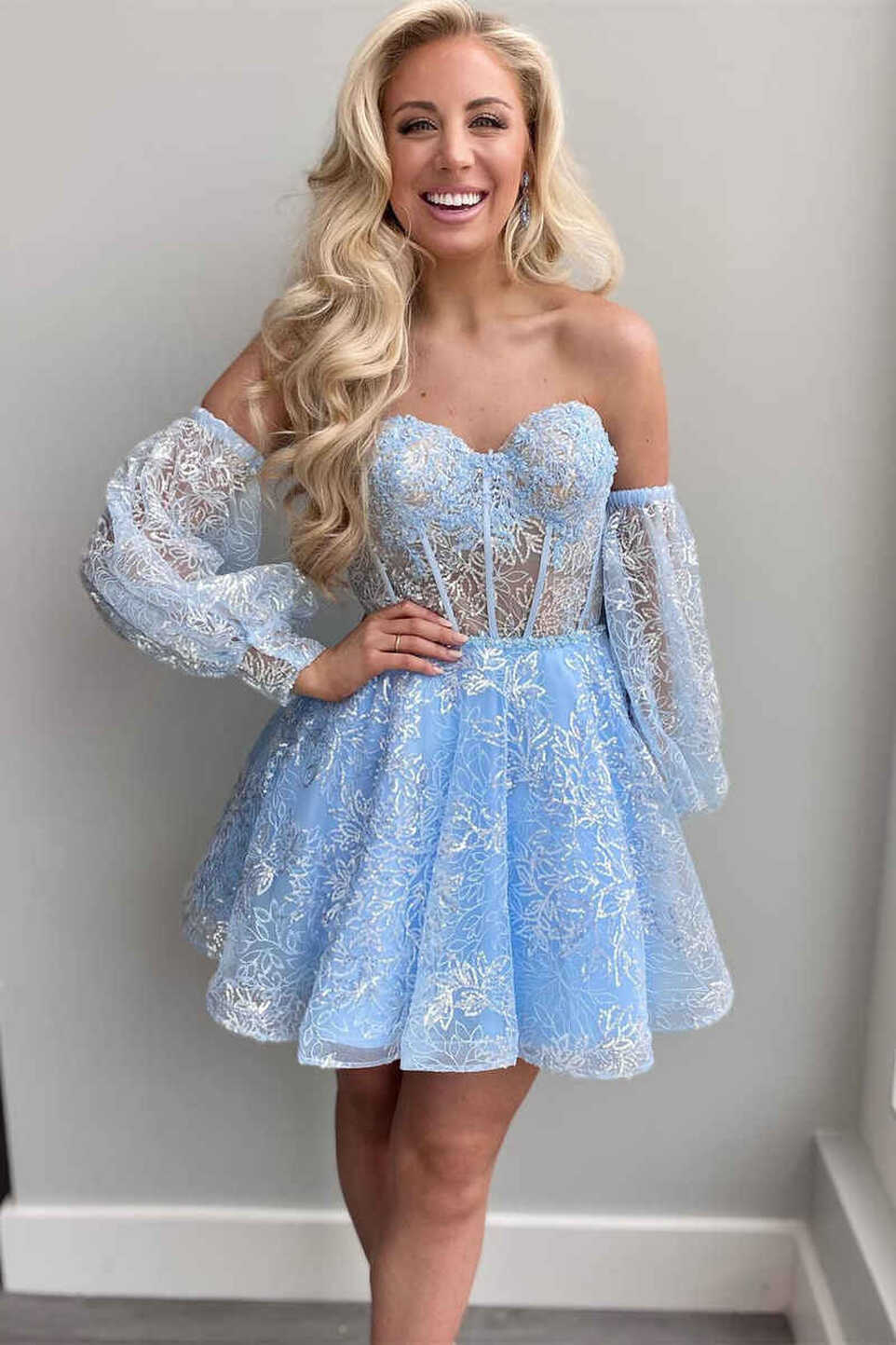 Blue Lace Bustier A-Line Short Homecoming Dress with Detachable ...