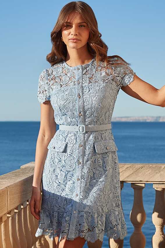 Blue Lace Ruffle Hem Dress With Embellished Buttons