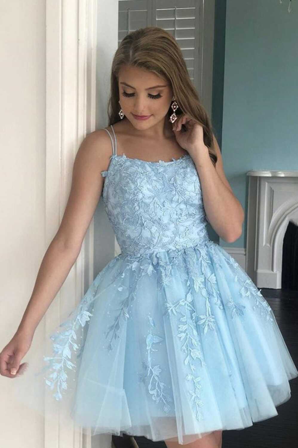 Blue Lace Short Prom Dress, Cute A-Line Homecoming Party Dress