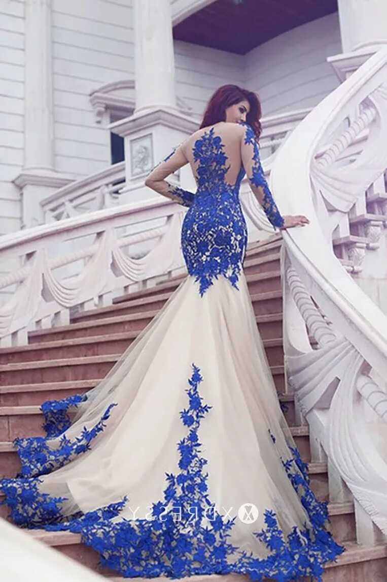 Blue Lace Sleeved Mermaid Long Train Formal Dress - Xdressy