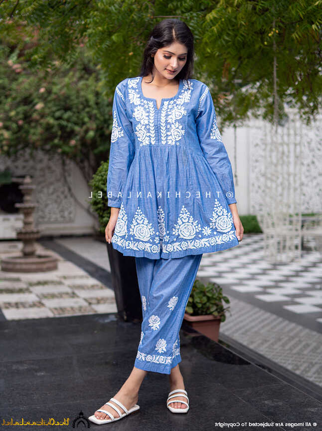 Blue Laiba Denim Chikankari Short Kurta Set