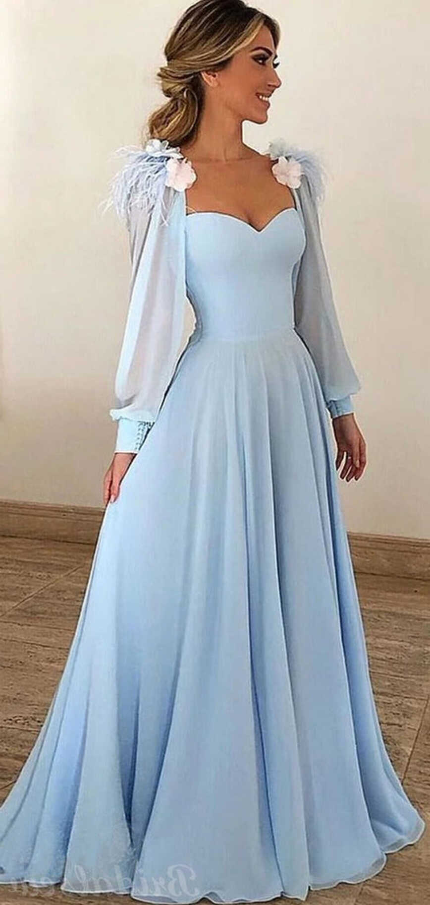 Blue Long A-line Long Sleeves Modest Formal Prom Dresses PD127 ...