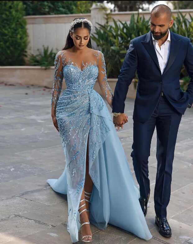 Blue Mermaid Blue Wedding Dress With Long Sleeves, V Neck ...