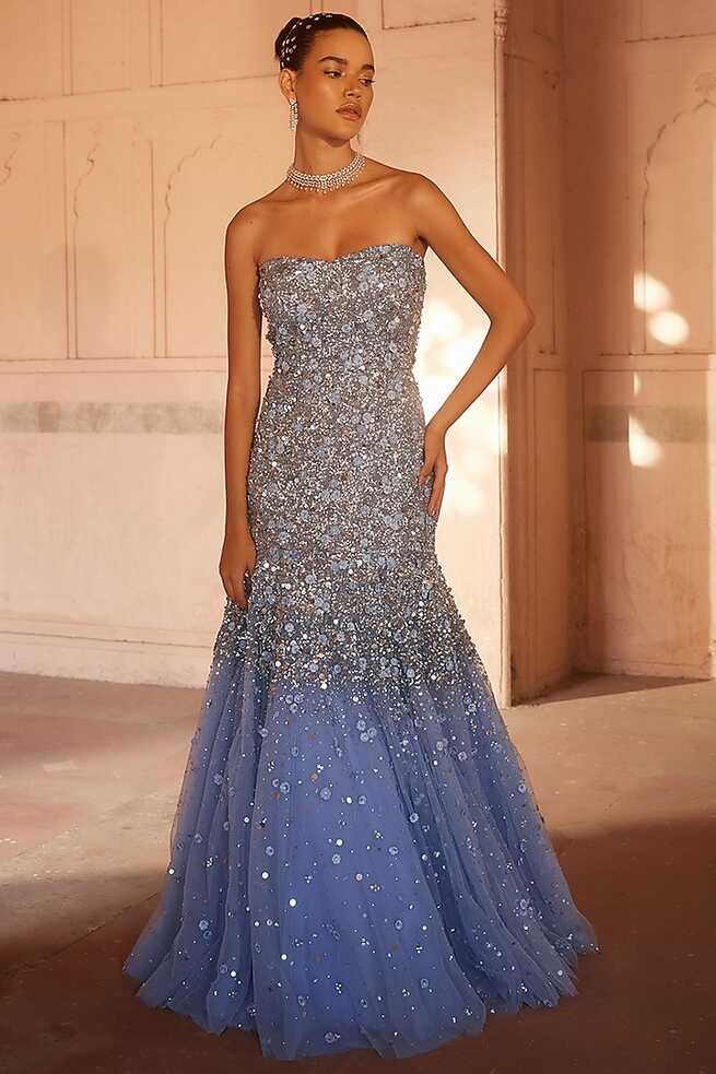 Blue Net Embellished Off-Shoulder Gown Design by Prevasu at ...