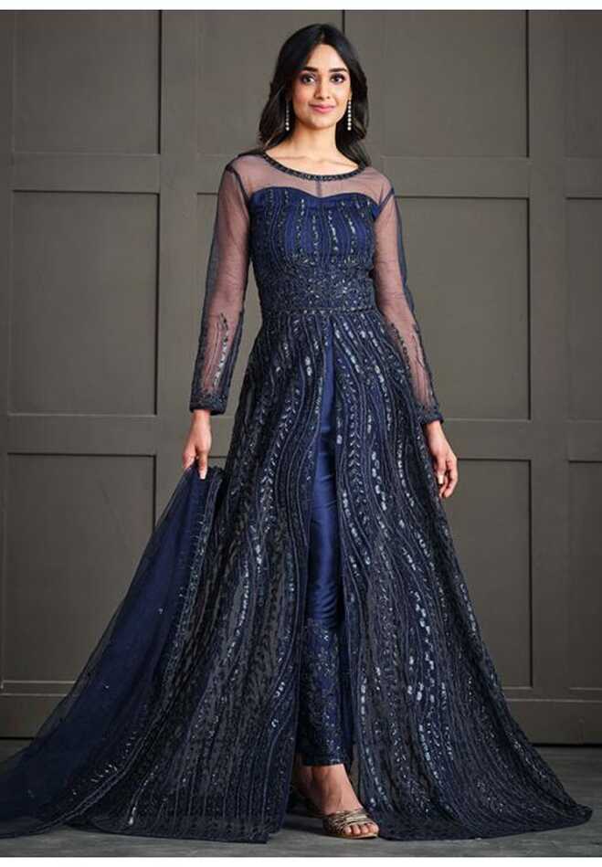 Blue Net Wedding Indian Pakistani Long Gown Anarkali Suit ...