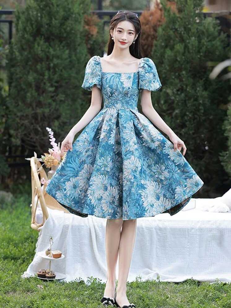 Blue Oil Painting Printing Short Party Dress French Square Collar ...