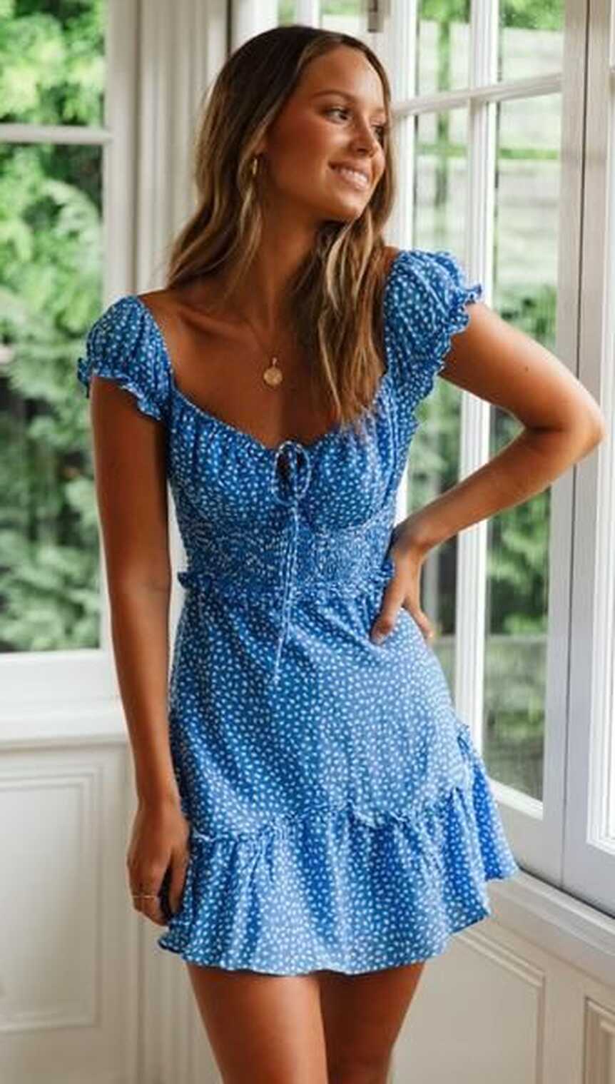 Blue Petal Floral Neck-Tie Dress