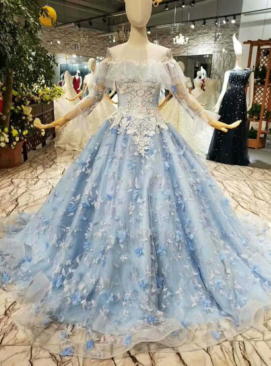 Blue Princess Ball Gown Tulle Appliques Long Sleeve Wedding Dress