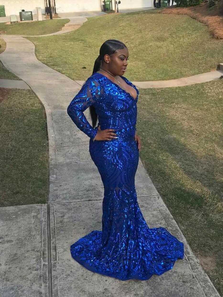 Blue Prom Dress 2023 Black Girls Slay V Neck Sequin Long Sleeves ...