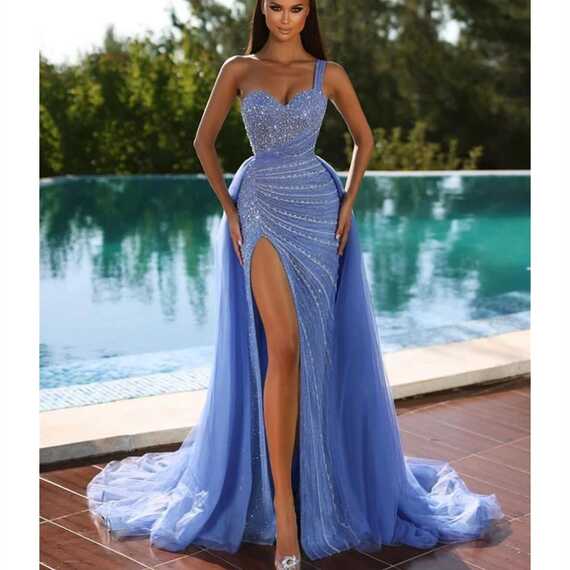 Blue Prom Dress Sleeveless V Neck One Shoulder Sequins Detachable ...