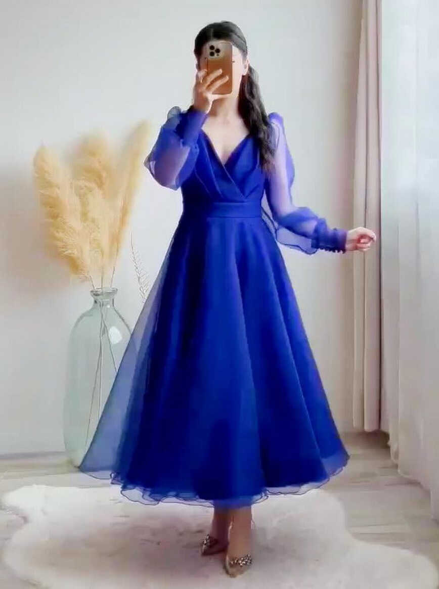 Blue Prom Dresses V-Neck Puffy Sleeves A-Line Evening Gown f