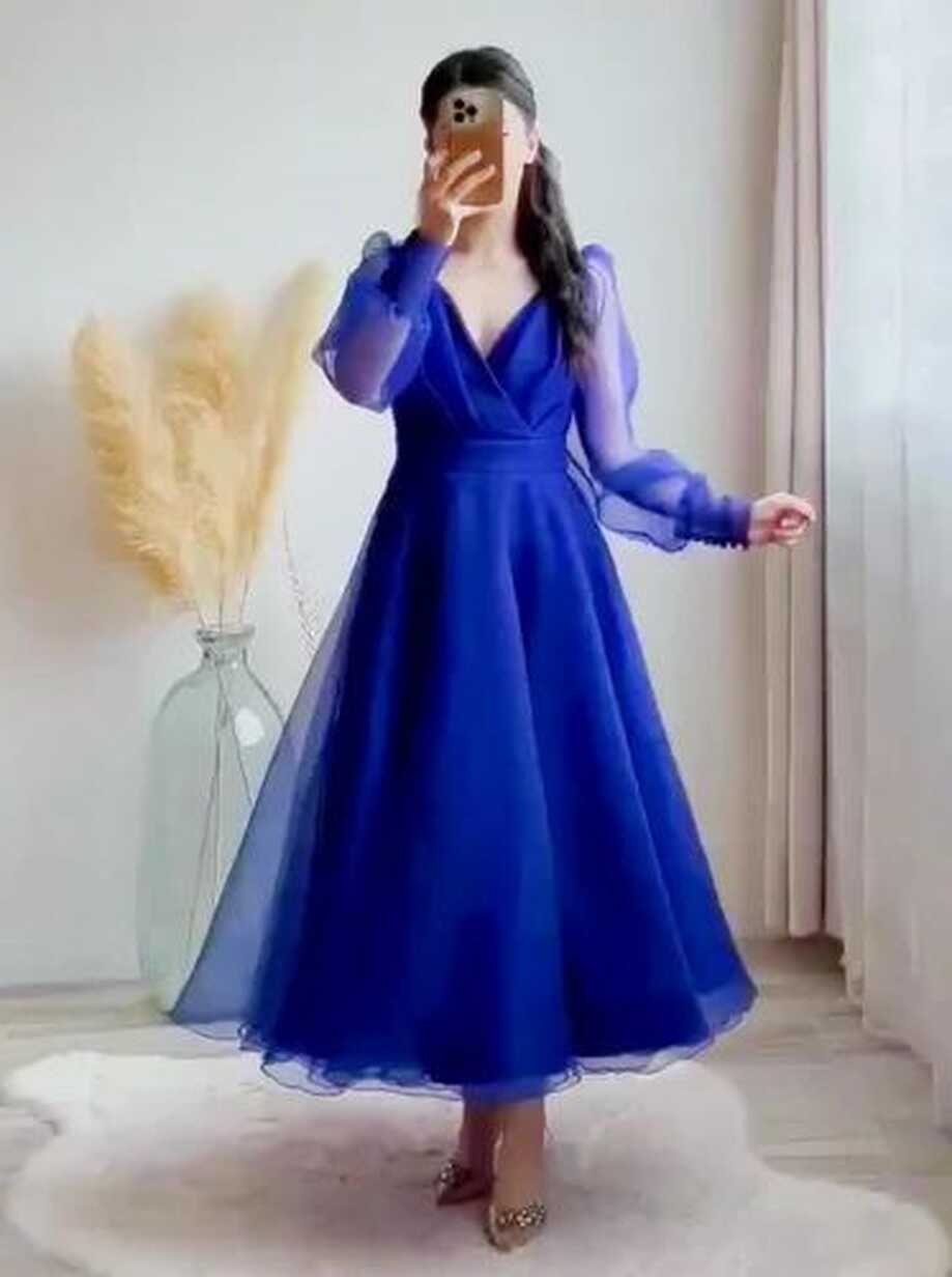 Blue Prom Dresses V-neck Puffy Sleeves A-line Evening Gown For ...