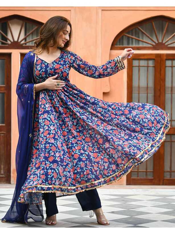 Blue Rayon Printed Long Gown Kurti Set with Pant and Dupatta ...