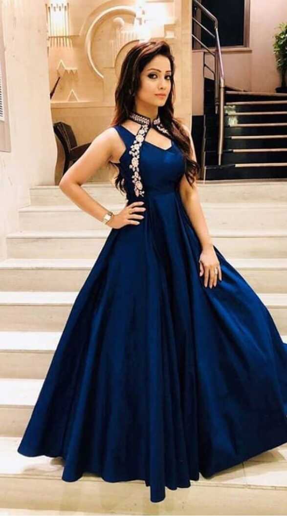 Blue Satin Bollywood Style Band Collar Gown