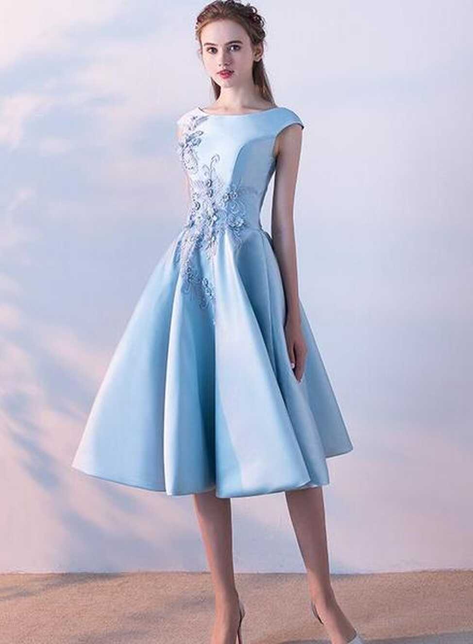 Blue Satin Knee Length Round Neckline Party Dress, Blue Prom Dress ...