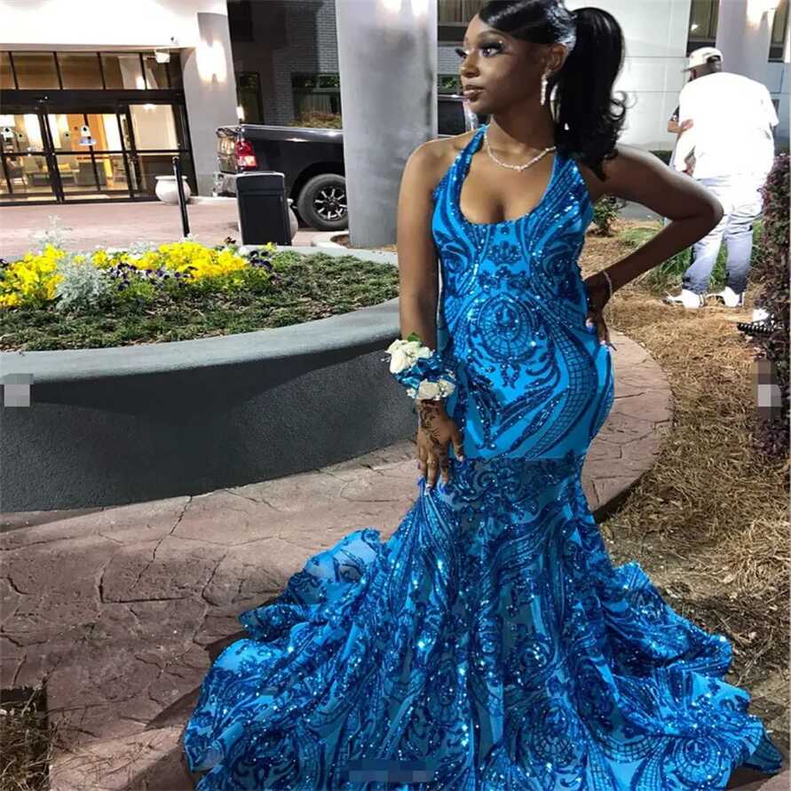 Blue Sequin Mermaid African Print Prom Dress For Black Girls ...