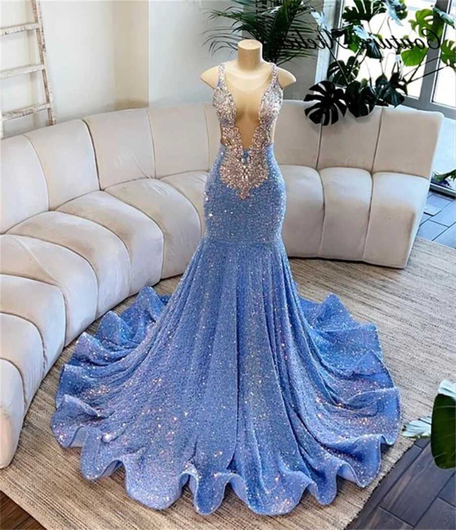 Blue Sequin Mermaid Prom Dresses Black Girls Silver Crystal ...