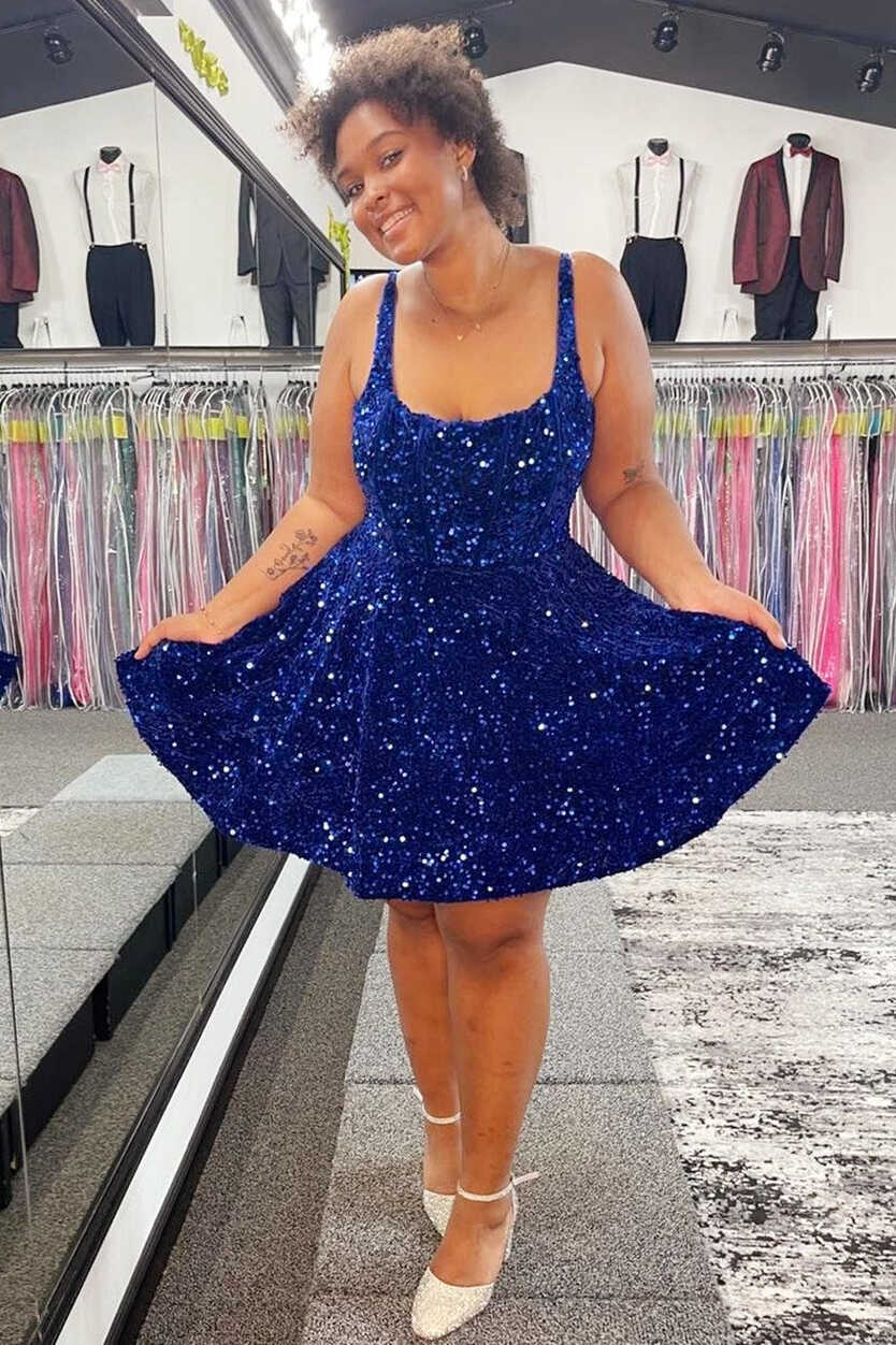 Blue Sequin Scoop Neck A-Line Short Party Dress – Modsele