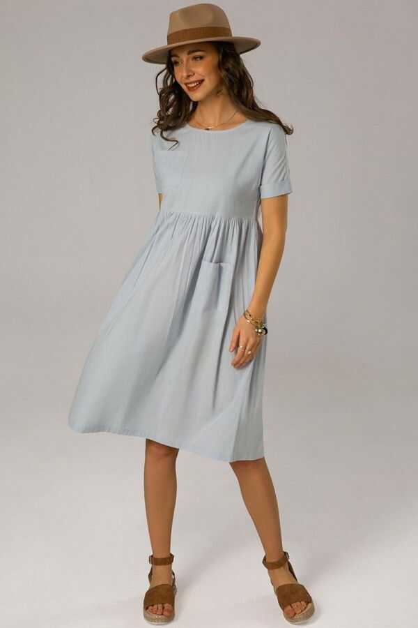 Blue Short Sleeve Round Neck Knee Length Dress With Pockets