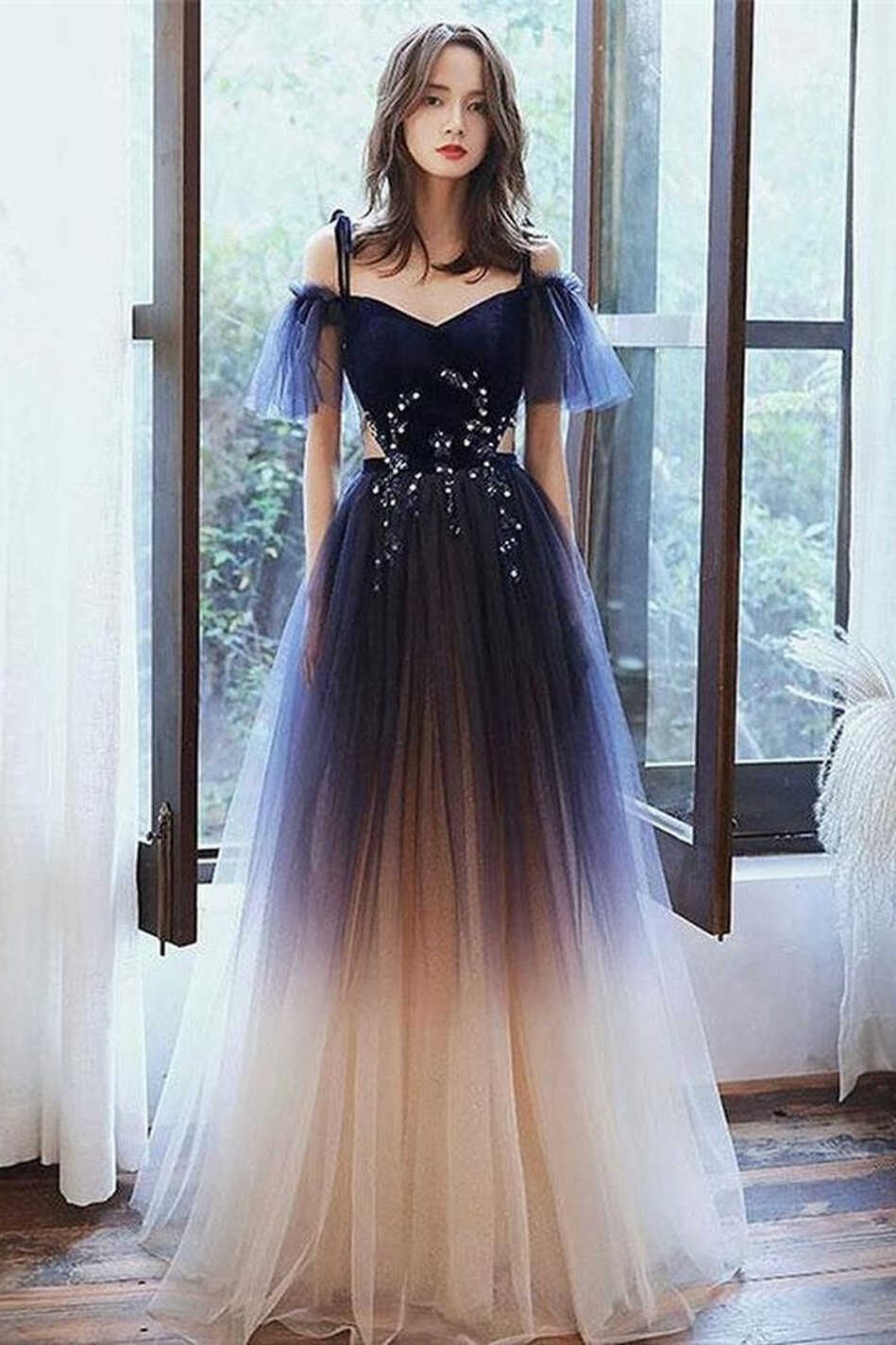 Blue Spaghetti Straps Long Princess Pretty Prom Dresses For Girls