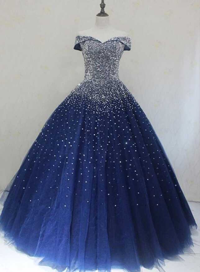 Blue Sparkle Off Shoulder Ball Party Dress , Handmade Beaded Party ...