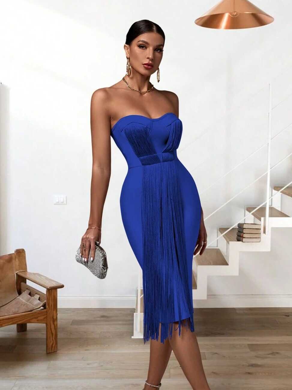 Blue Strapless Knee Length Fringe Bodycon Dress For Formal ...