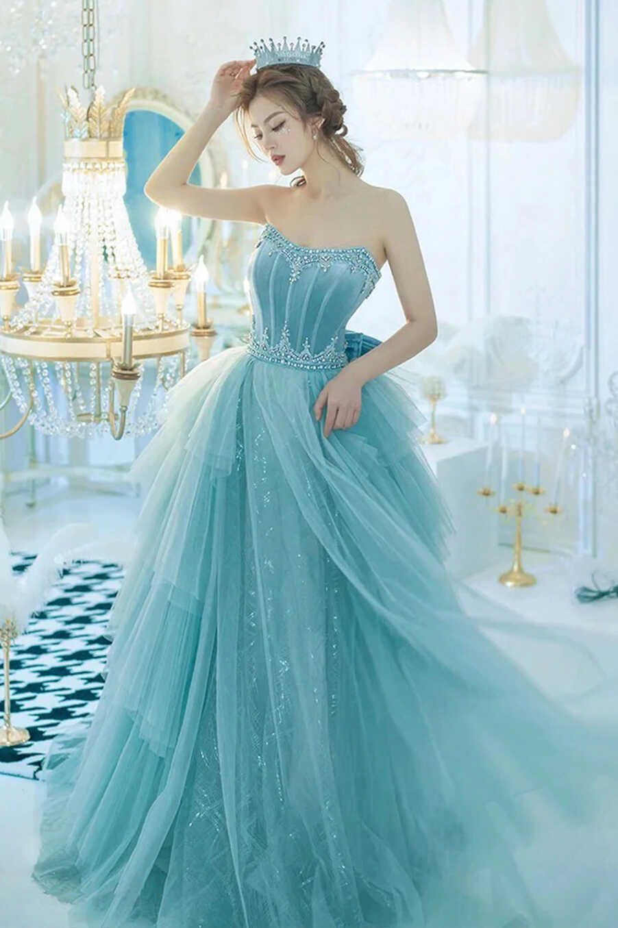 Blue Strapless Tulle Long Prom Dress, Beautiful Princess Dress with Bo