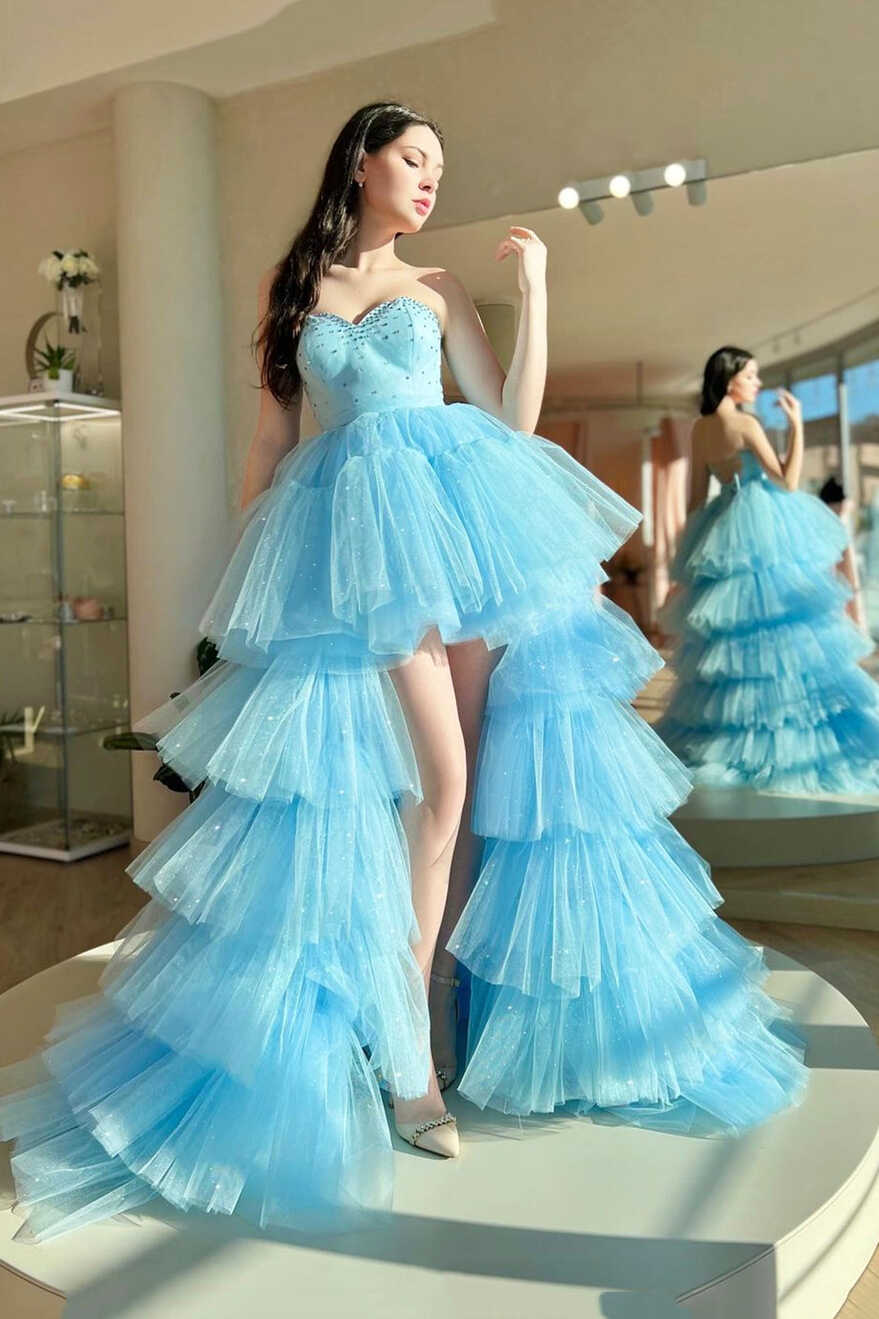 Blue Sweetheart Neck Tulle Long Prom Dress, Beautiful A-Line High Low