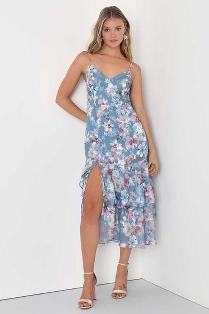 Blue Tiered Midi Dress - Floral Jacquard Dress - Tie-Back Dress ...