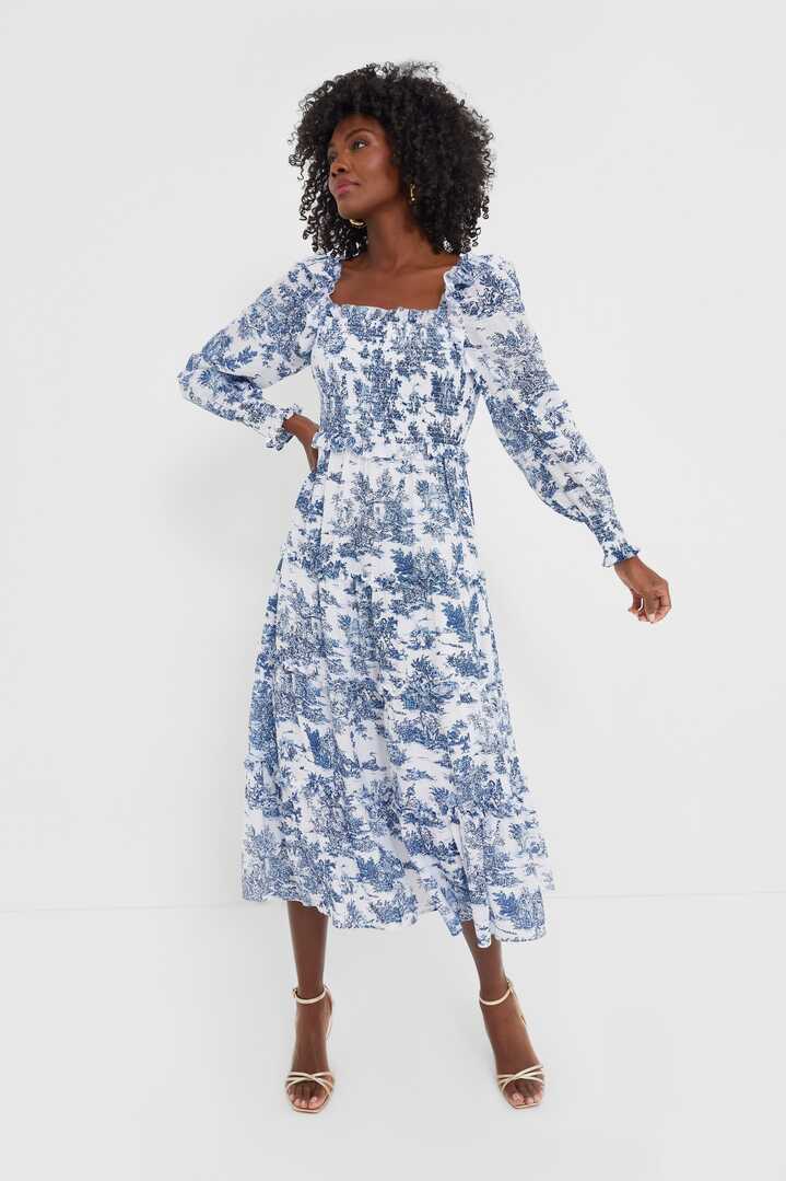 Blue Toile Long Sleeve Georgina Midi Dress | Hyacinth House